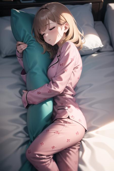 Anime girl hugging a pillow online